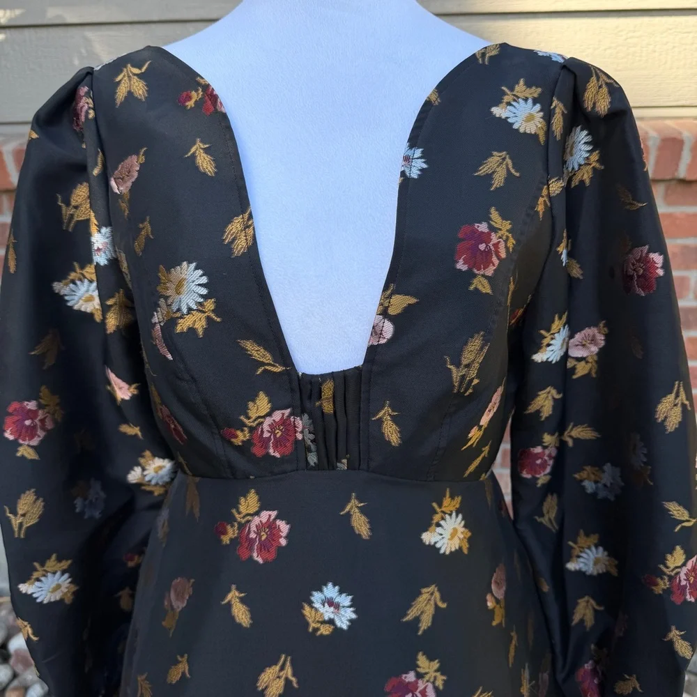 Sculpted V Neck Aline Mini Black Floral Dress Maeve by Anthropologie Size 4 NEW - Picture 8 of 13